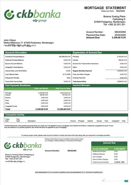 Download Montenegro Crnogorska komercijalna banka mortgage statement Word and PDF template Photoshop template